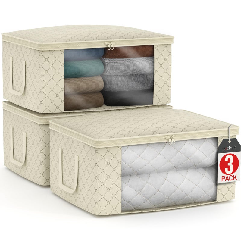 Sorbus Medium Clothes Storage Bags - Foldable Blanket Storage Bins for Organizing Bedroom, Closet, Clothing, Comforter, Organization with Clear Window, Lids and Carry Handles - Set of 3 - Image 1